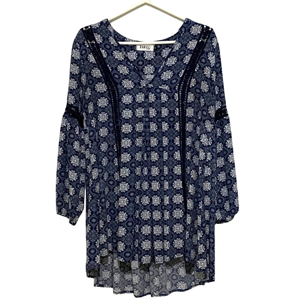 Insider by Latif Floral Tunic Peasant Top S Blue Boho Hippie Festival Ren Faire